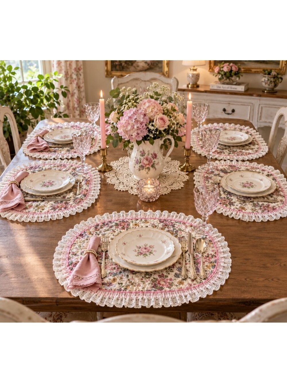 Vintage Floral Quilted Placemat 17x13 Pink White Lace Ruffle Shabby Cottage Chic